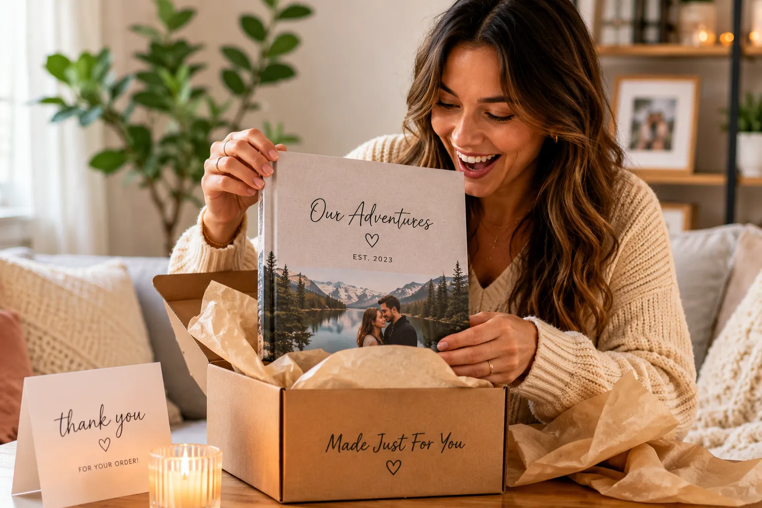 Happy girl opening a box with a personalized photo book