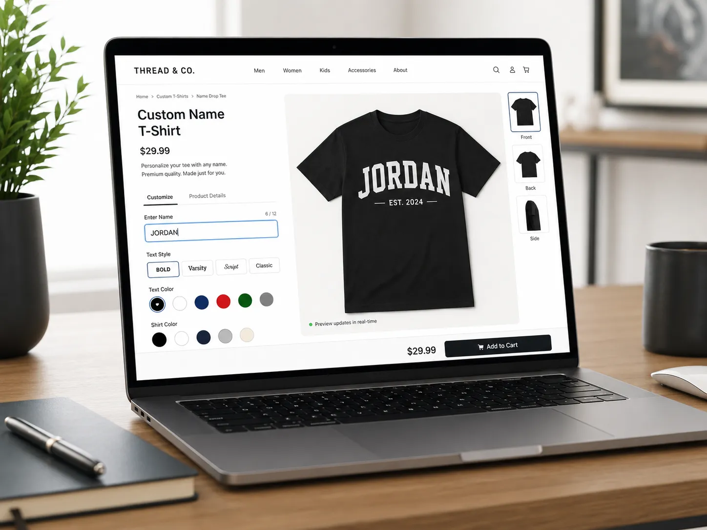 A notebook with a store page that sells personalized t-shirts