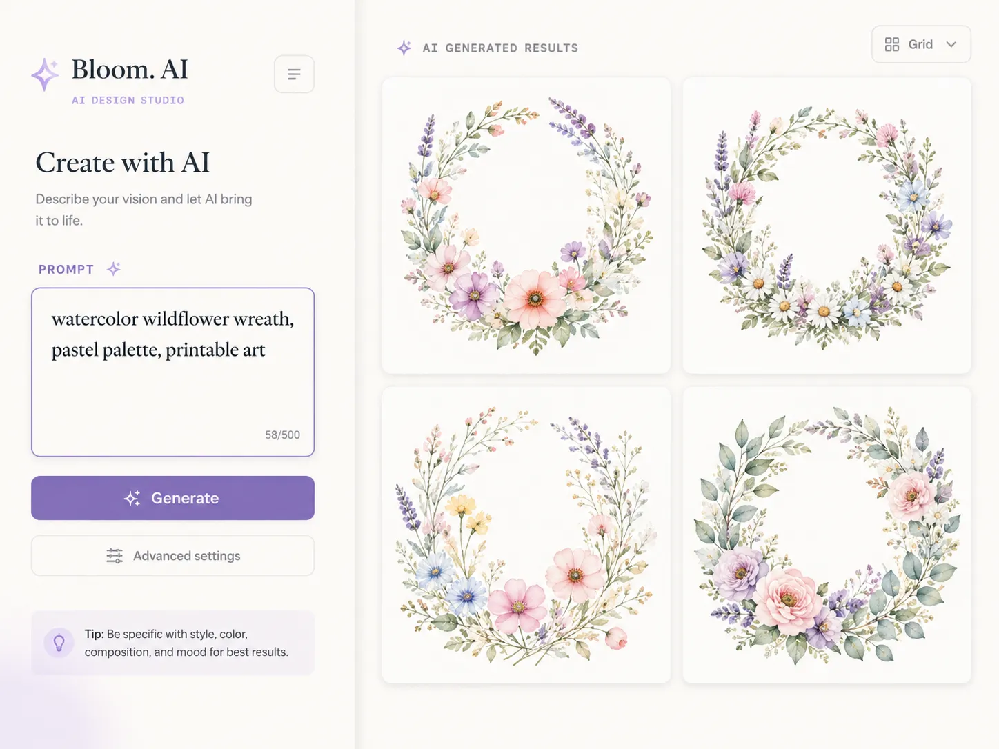 AI platform generating assets of flowers