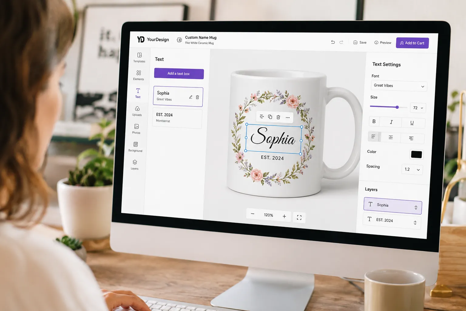 Girl on a computer editing a personalized mug