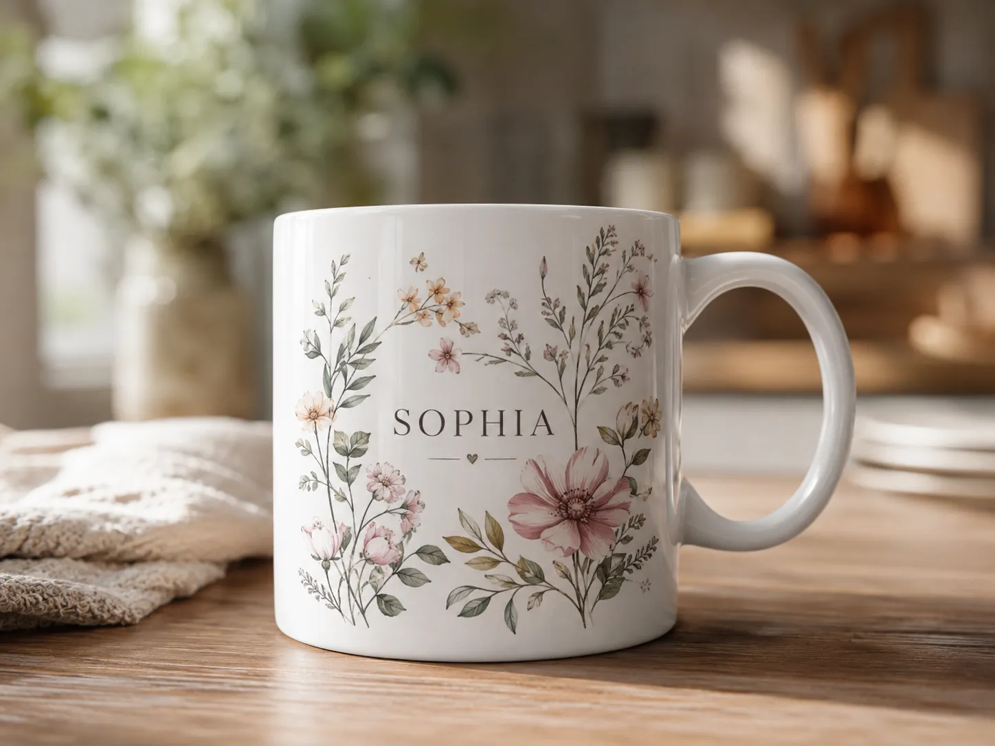 Photo mockup of a personalized mug with flowers and custom name