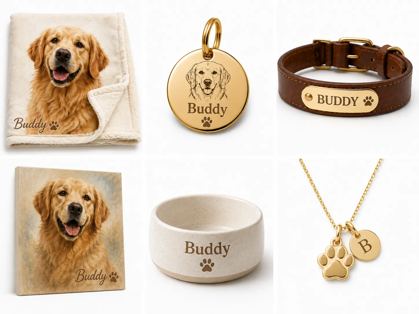 Set of personalized products: blanket, tag, collar, wall art, bowl, necklace