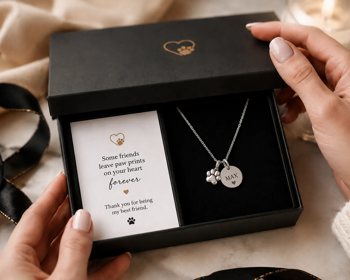 Box with a personalized pet necklace and message card