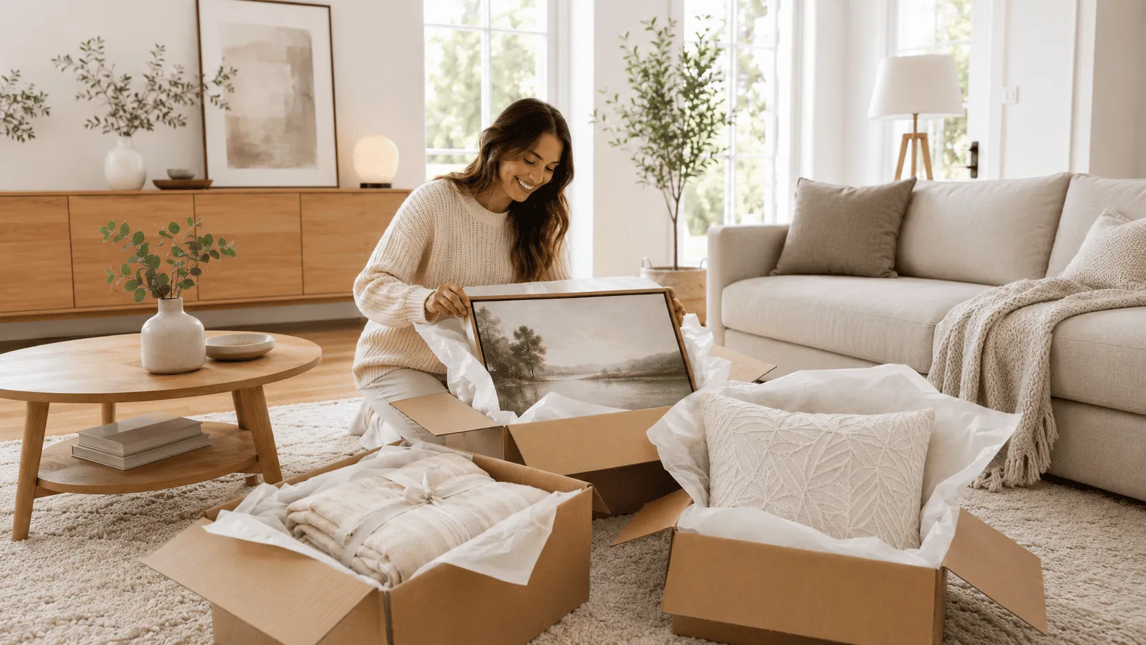 Girl unfolding home decore products