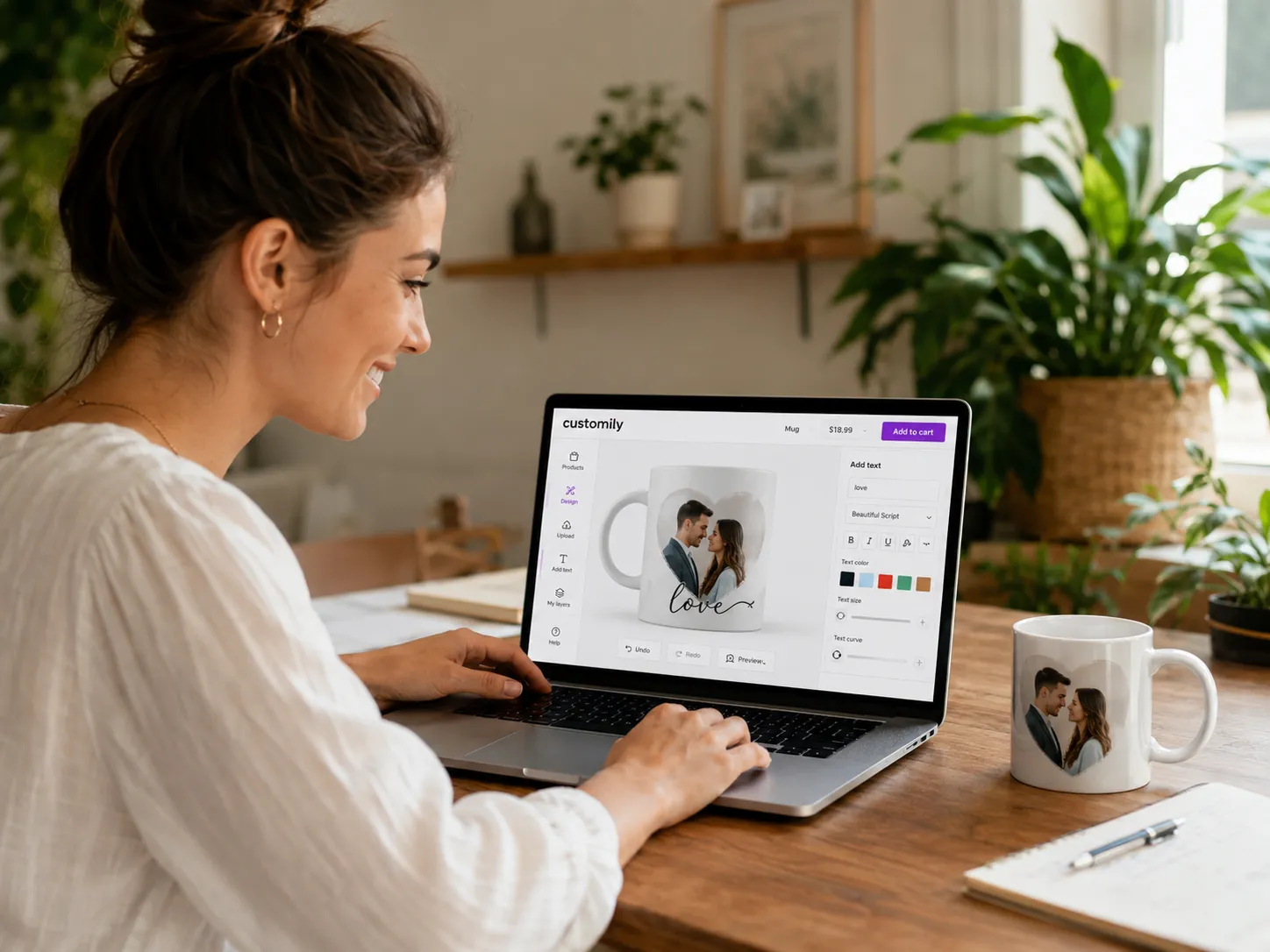 Girl personalizing a mug on a computer using Customily