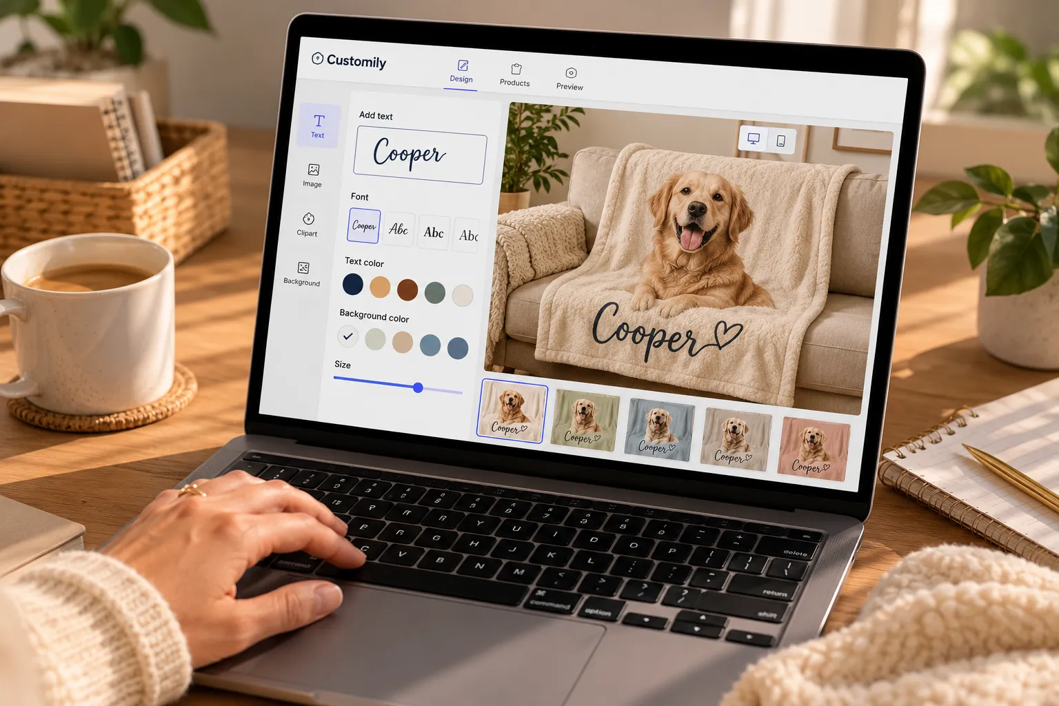 Notebook with a personalized product on the screen