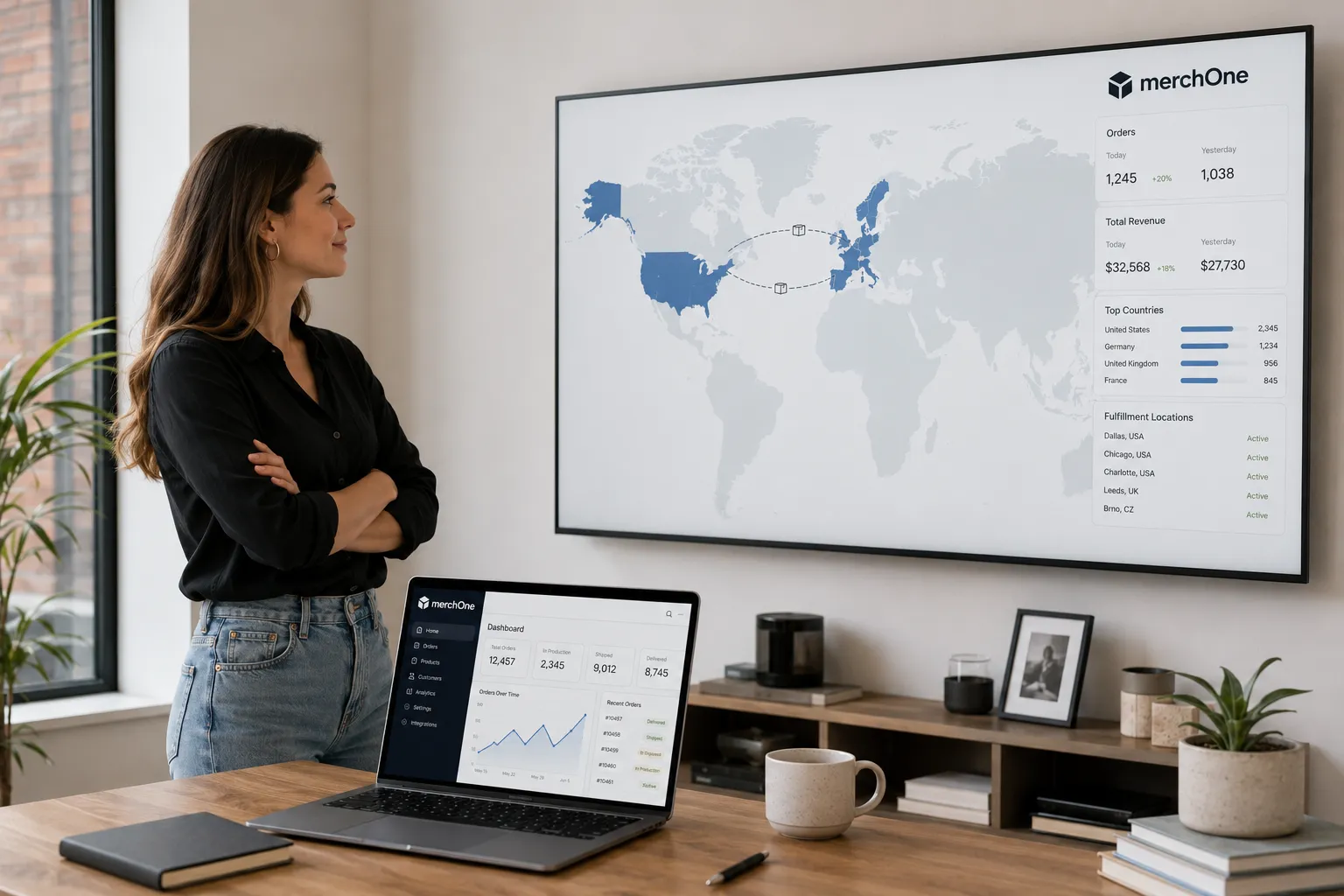 Woman with a wall art with statistics about fulfillment