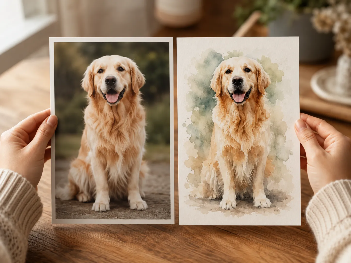 A photo of a dog and a print with an AI effect of the dog