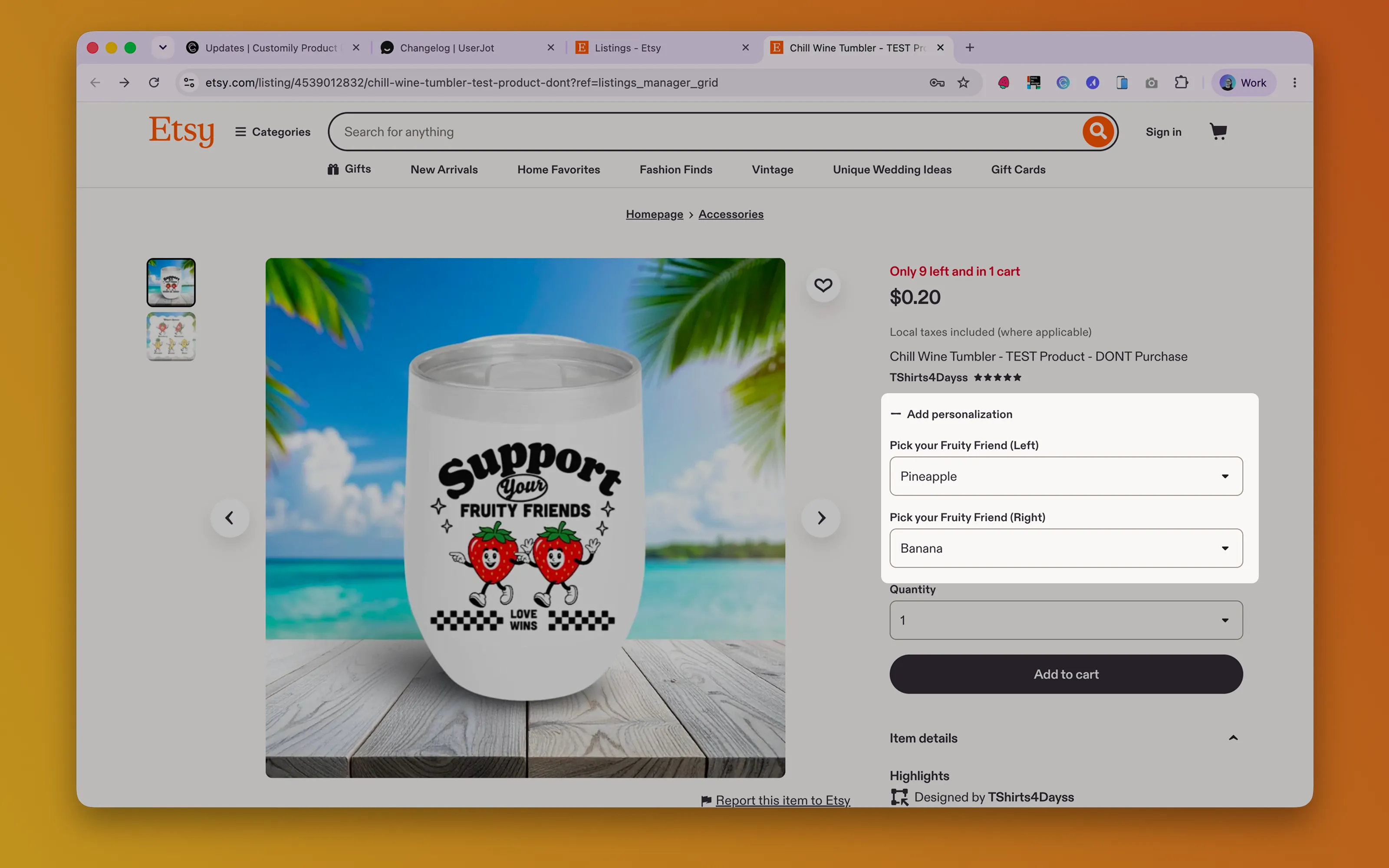Screenshot of Etsy shop with a personalized product