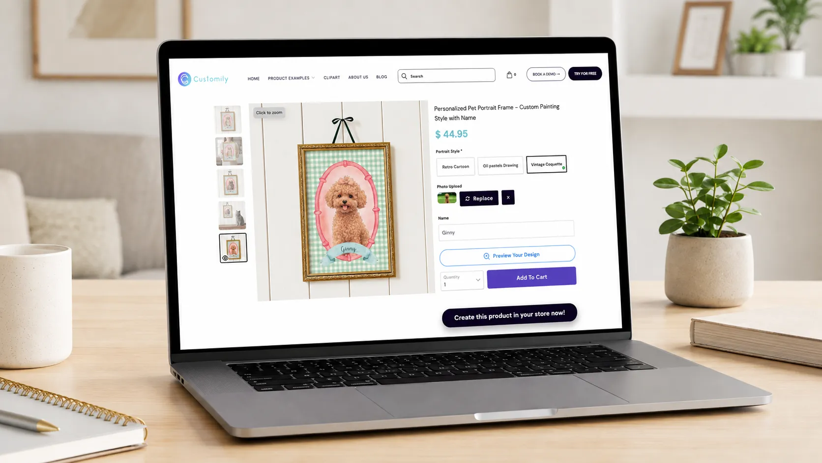Laptop with a product page of a personalized pet photo frame with AI effects