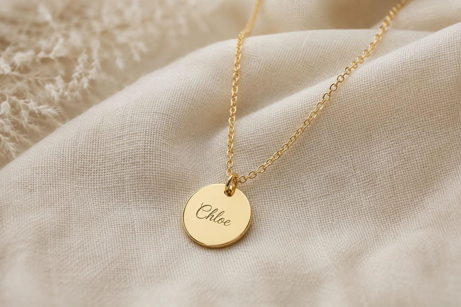 Gold disc pendant necklace engraved with the name "Chloe" resting on a linen fabric