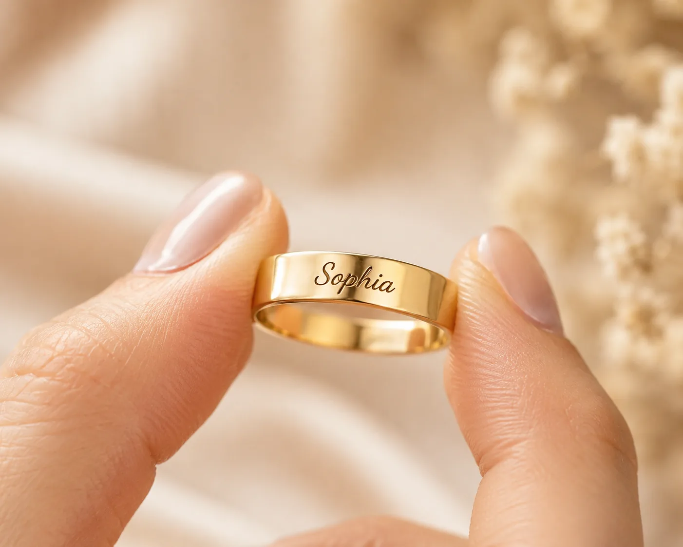Hand holding a gold ring engraved with the name "Sophia"