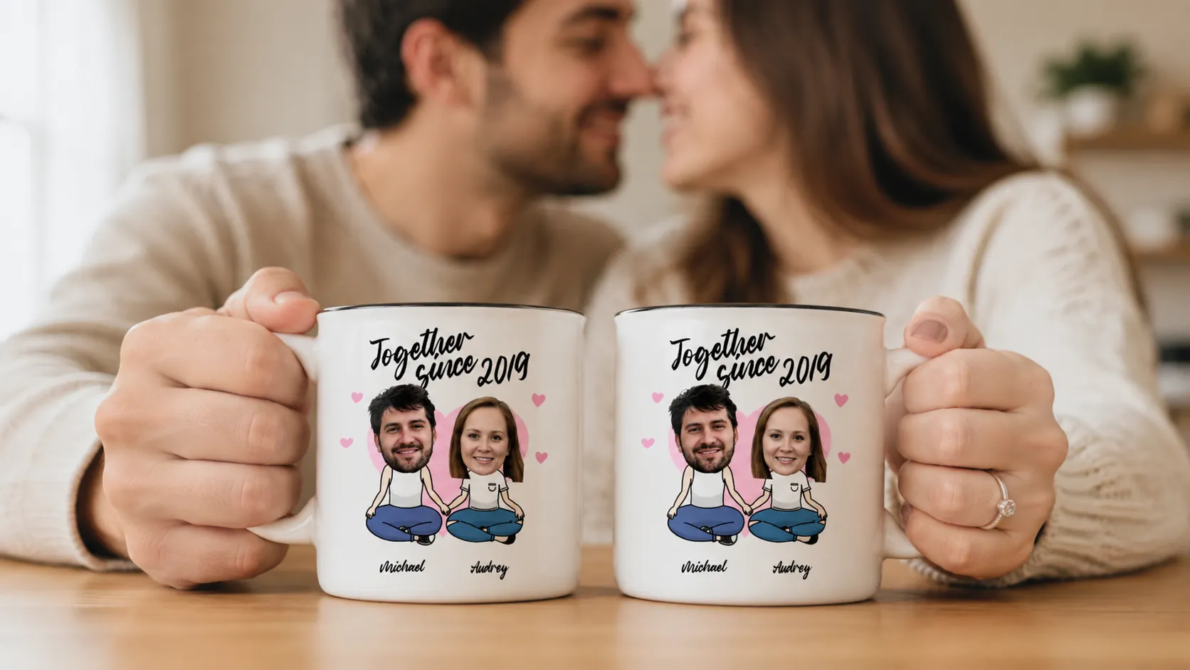 Couple holding customized photo mugs