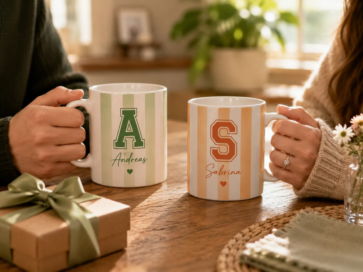 Couple with personalized matching mugs