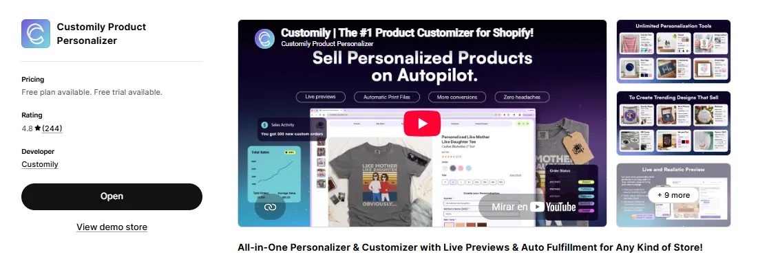 Customily App listing from the Shopify App Store