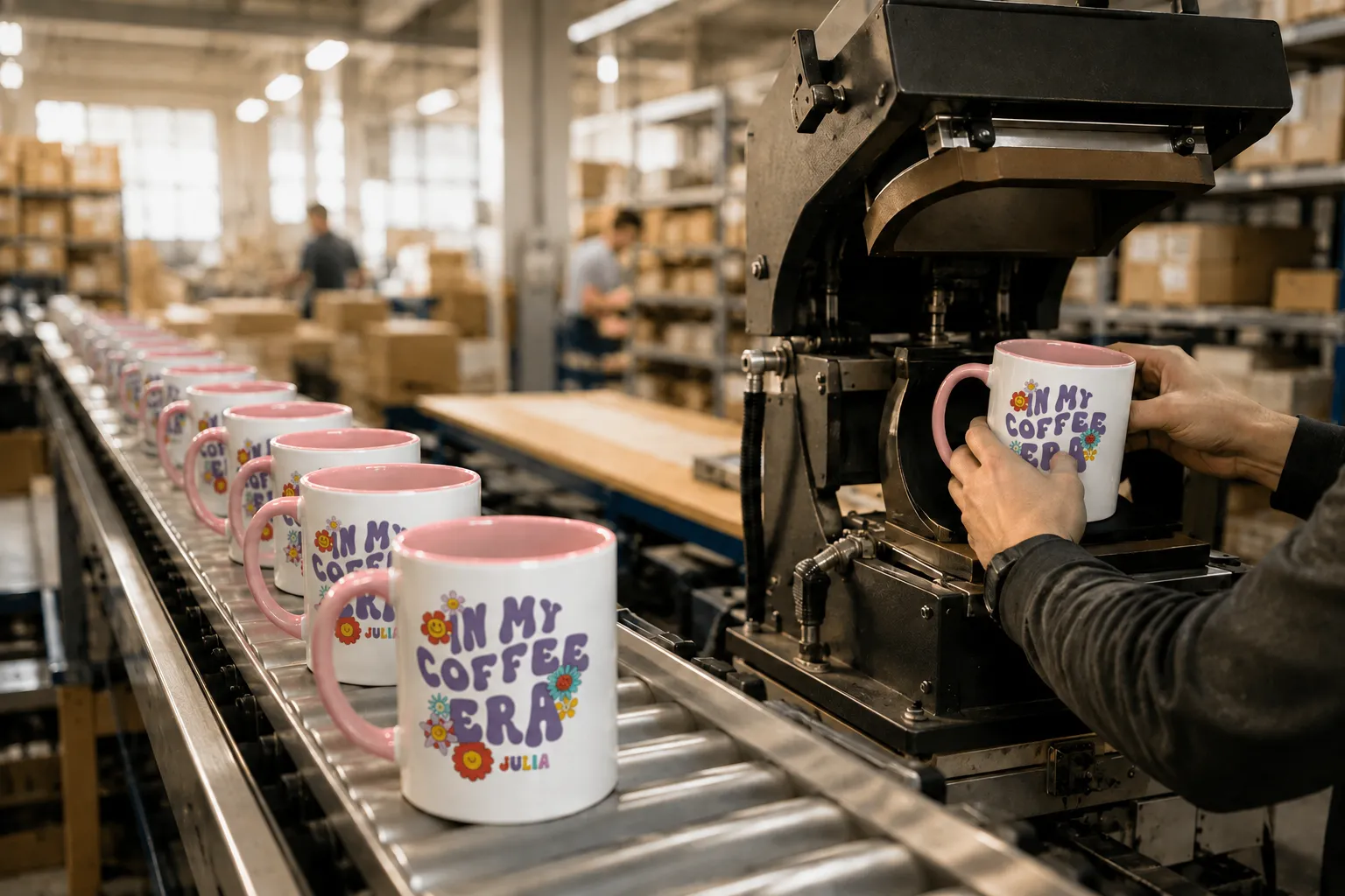A production center fulfilling customized mugs