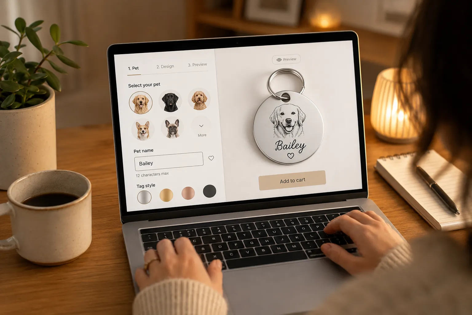 Girl with a notebook, personalizing a dog tag