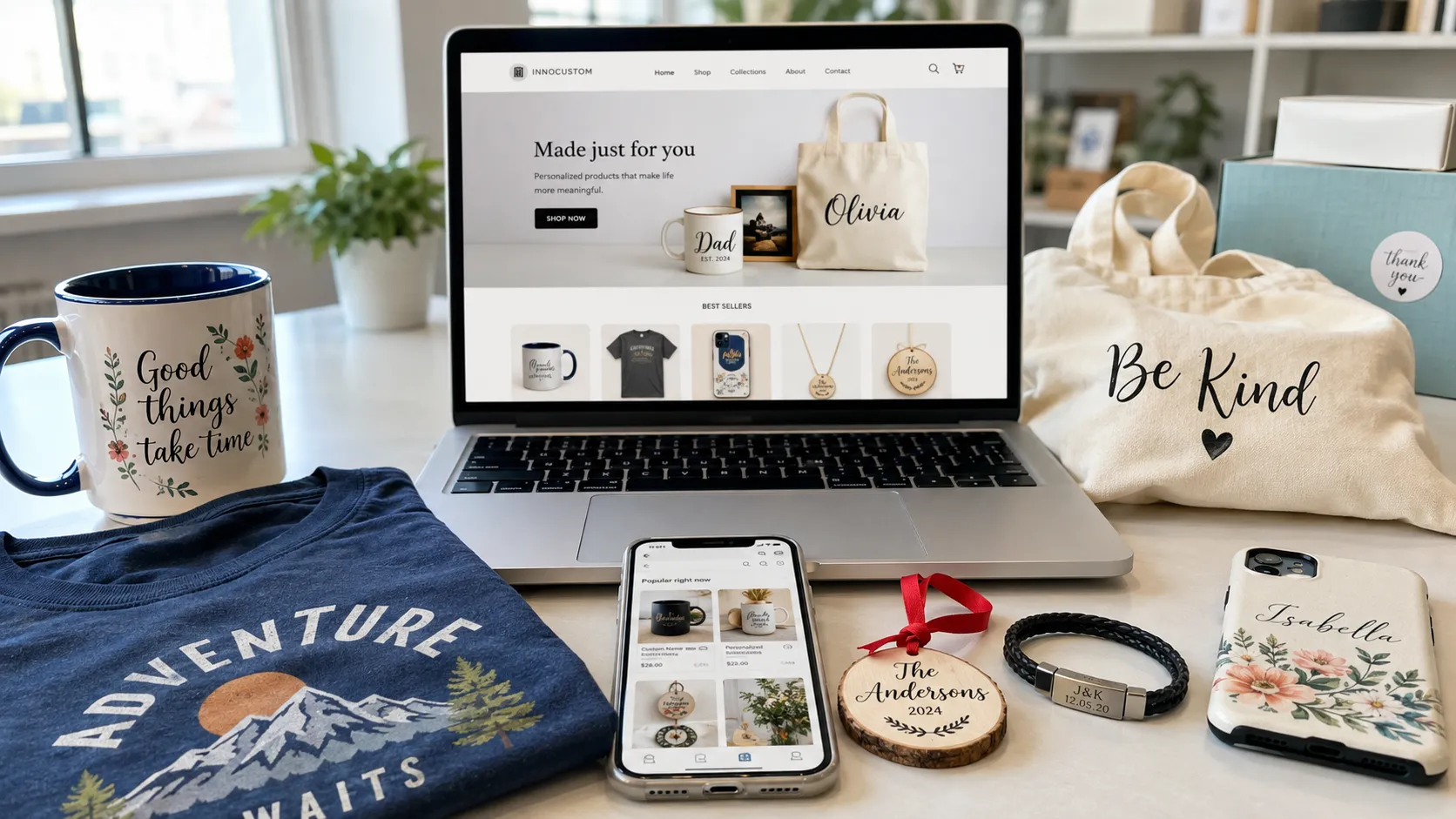 Notebook on a desk and a collection of personalized products