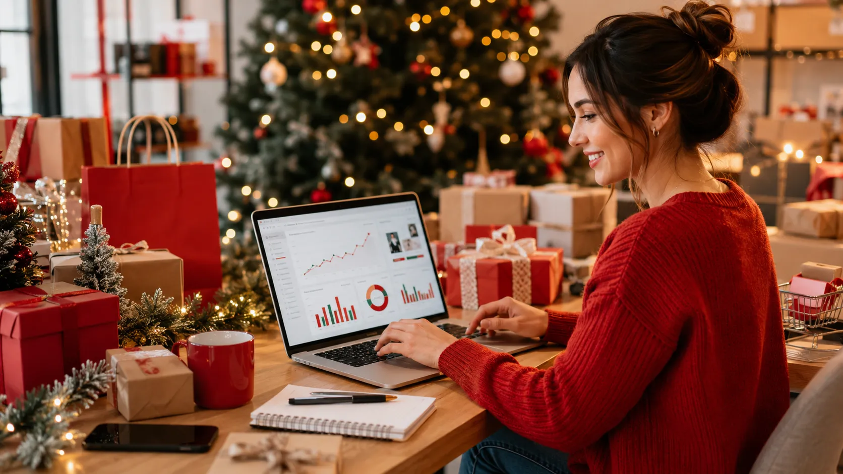 Woman in a red sweater reviewing sales charts on her laptop, surrounded by wrapped gifts and a Christmas tree