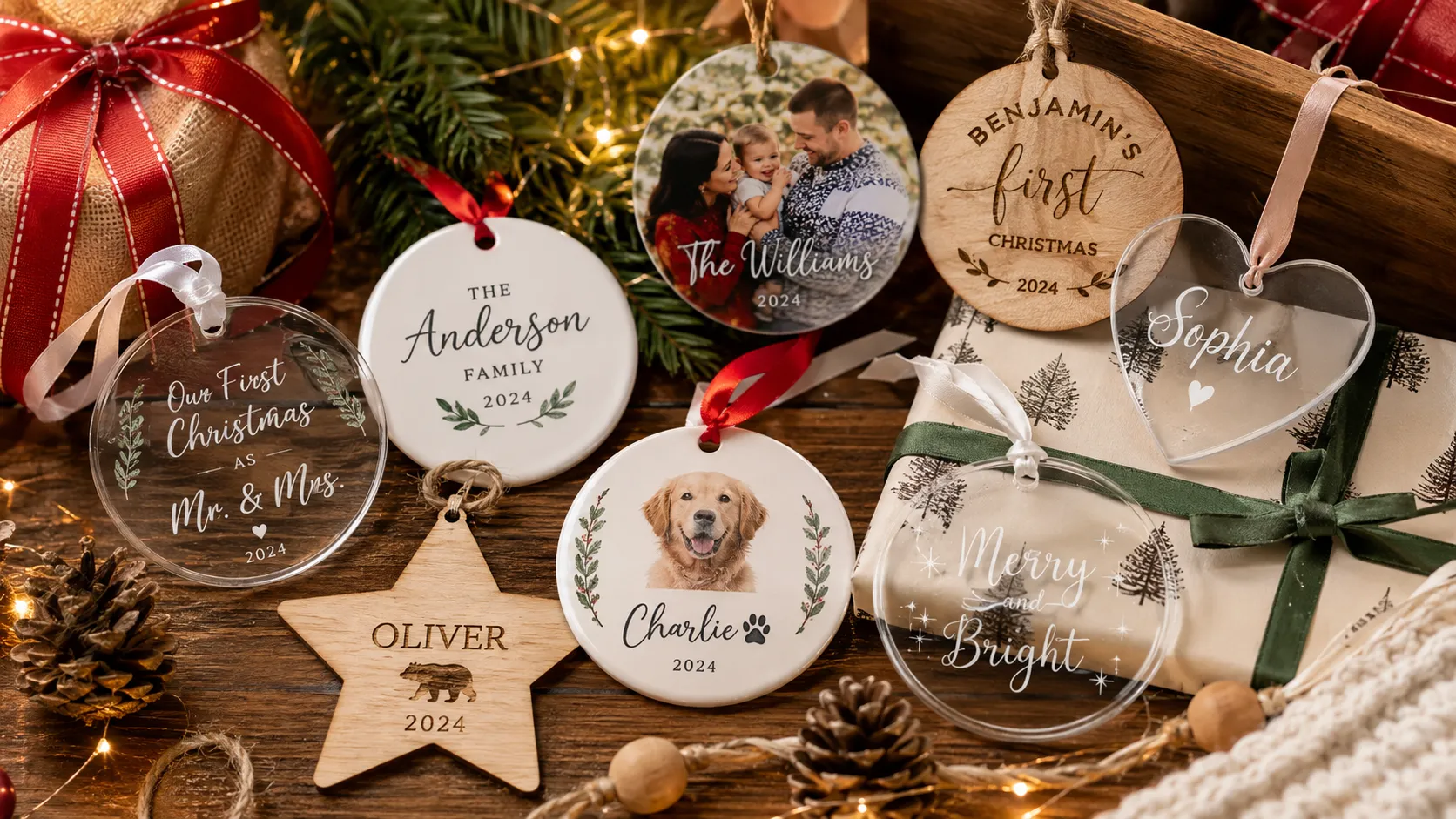 Collection of personalized christmas ornaments made with Customily