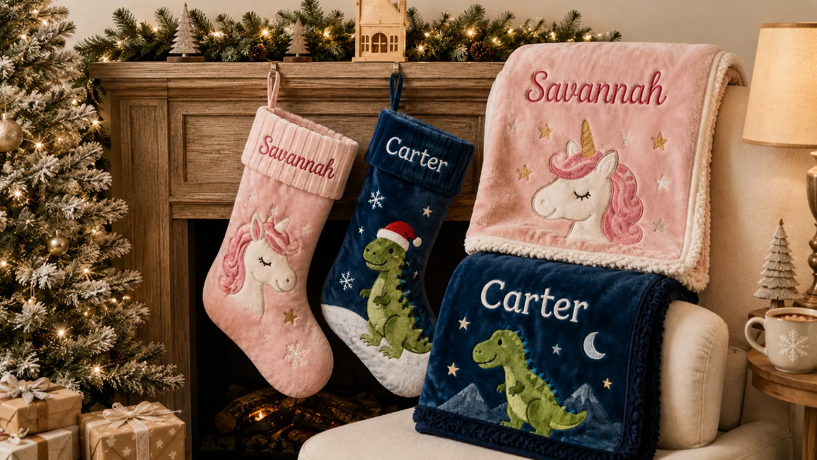Personalized kids Christmas blankets and stockings with custom names