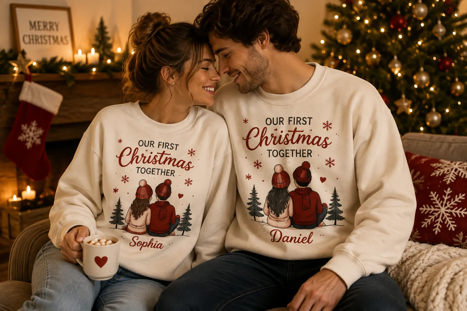 Couple wearing matching personalized Christmas sweaters