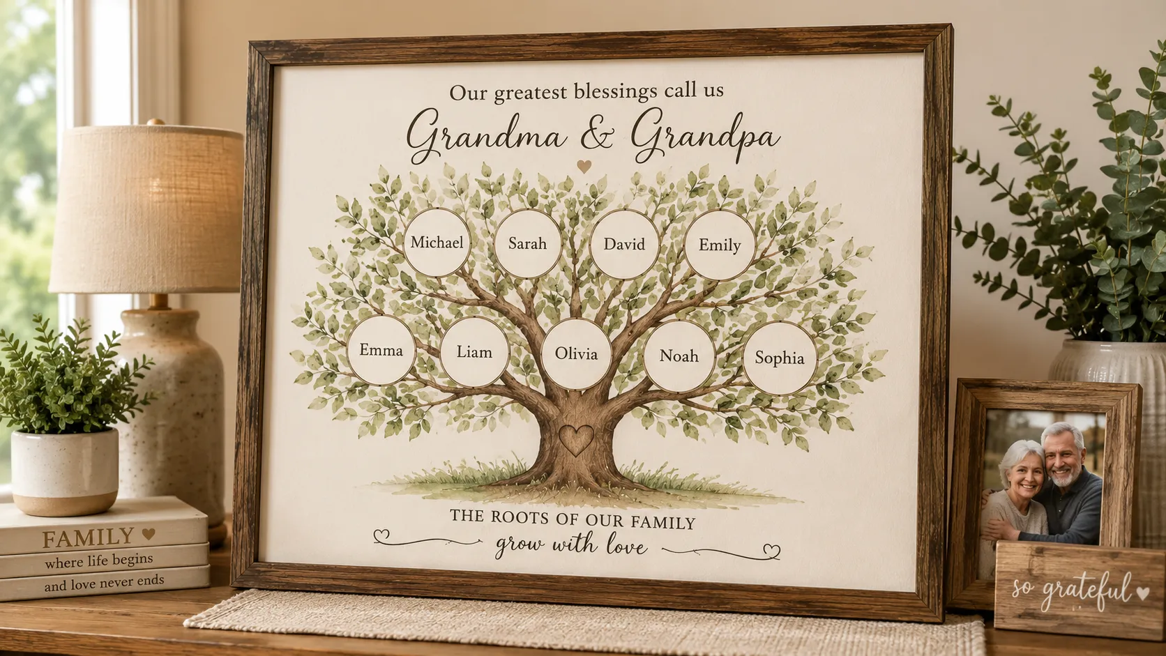 Personalized family tree print for grandparents featuring grandchildren’s names