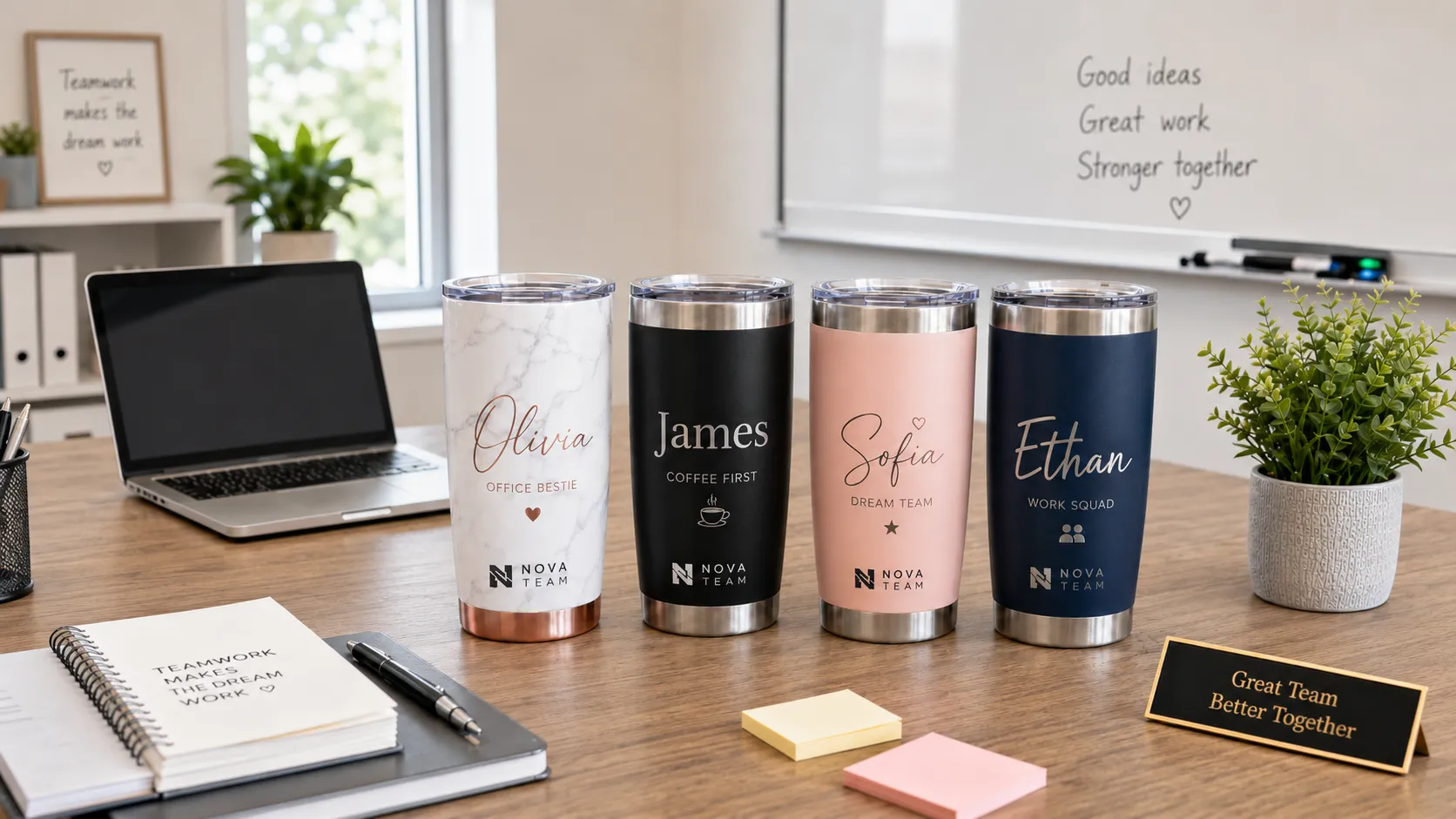 Personalized coworker tumblers with individual names and company logo