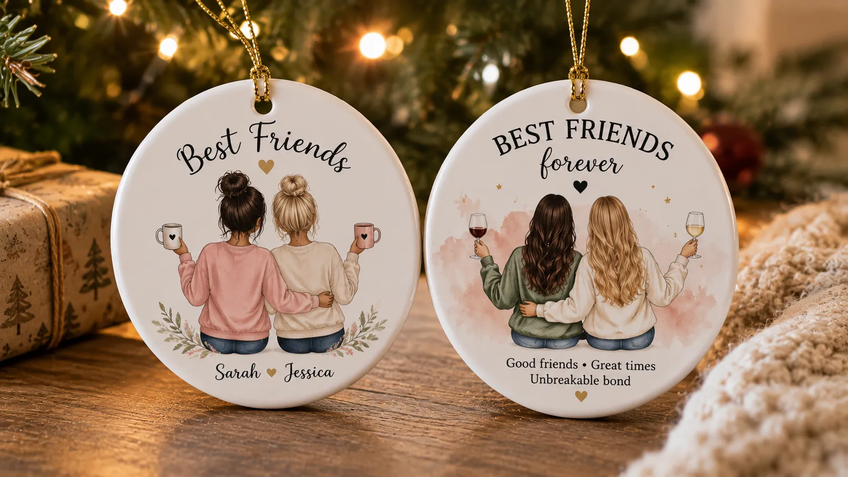 Personalized Best Friends Christmas ornaments with custom friendship illustrations