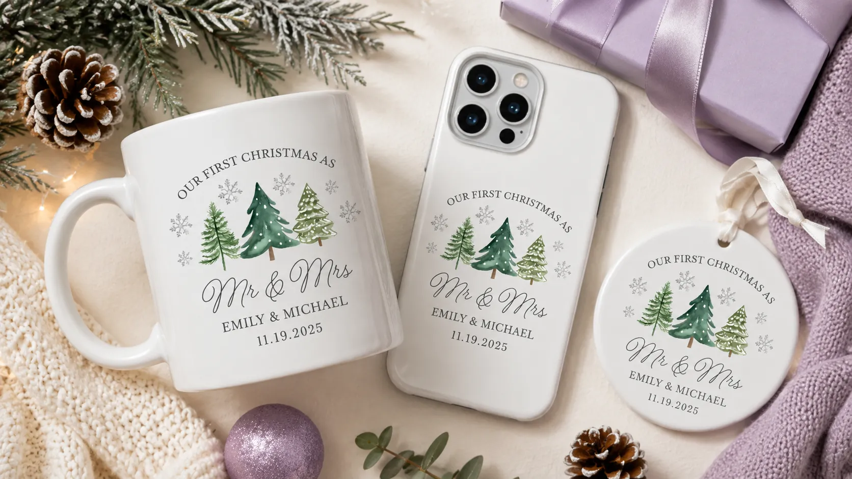 A set of customized mug, phone case and ornament with a personalized christmas design made with Customily