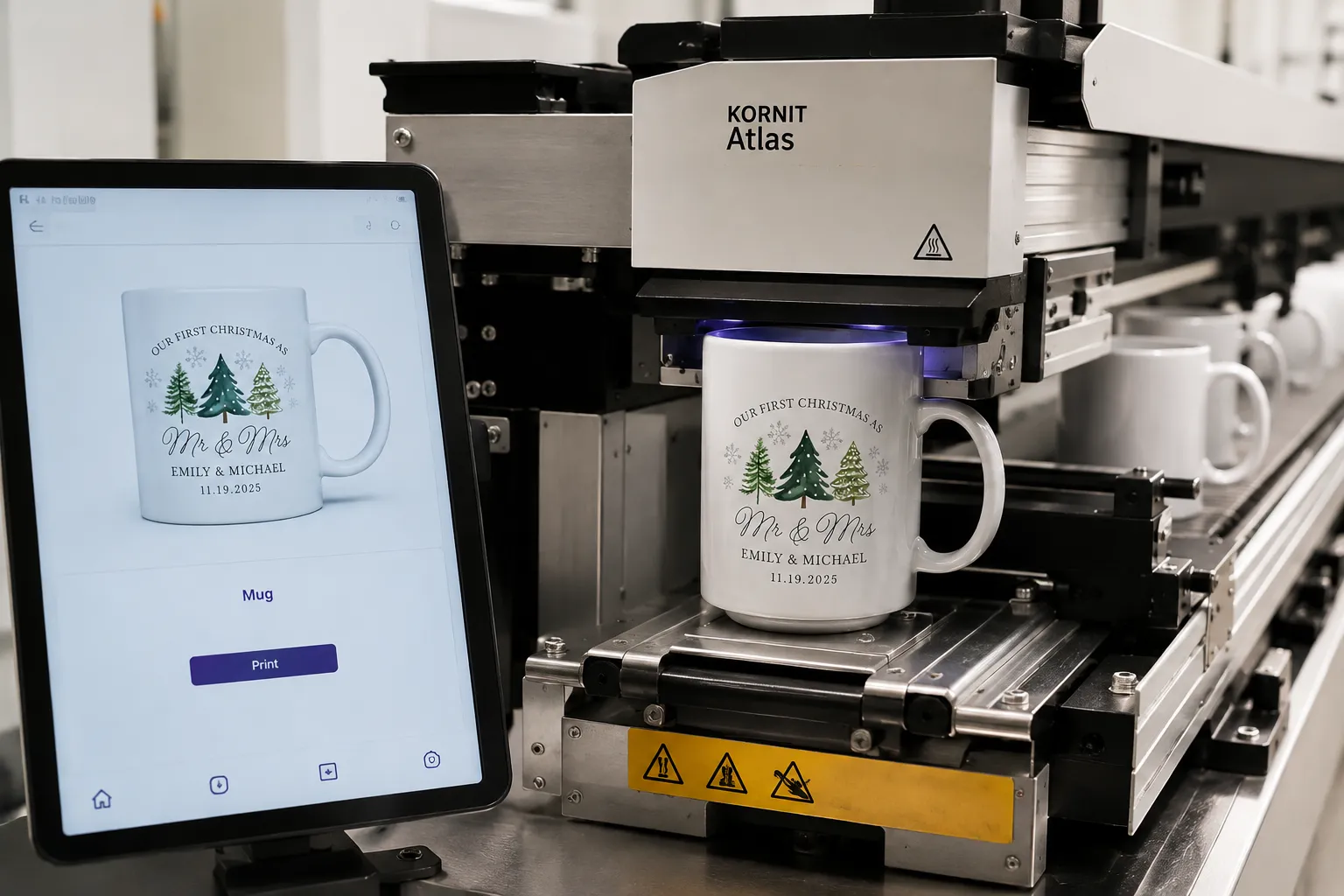 Production line printing pesonalized mugs with a christmas design