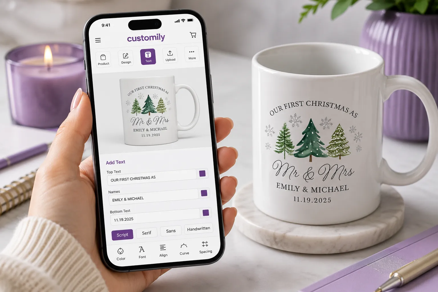 A girl buying a personalized mug on mobile, on the back you see the printed mug with the same design