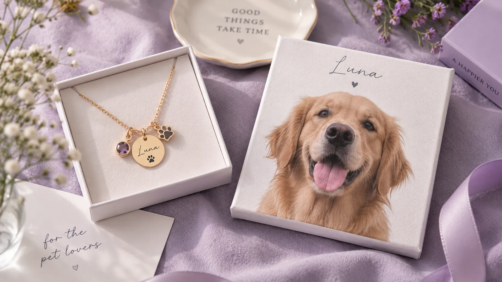 Personalized necklace and canvas with a dog photo over a purple background