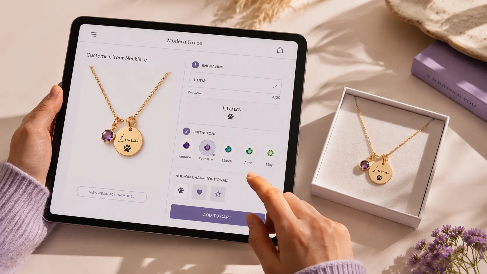A girl buying a customized necklace on a tablet, behind you can see the actual necklace.