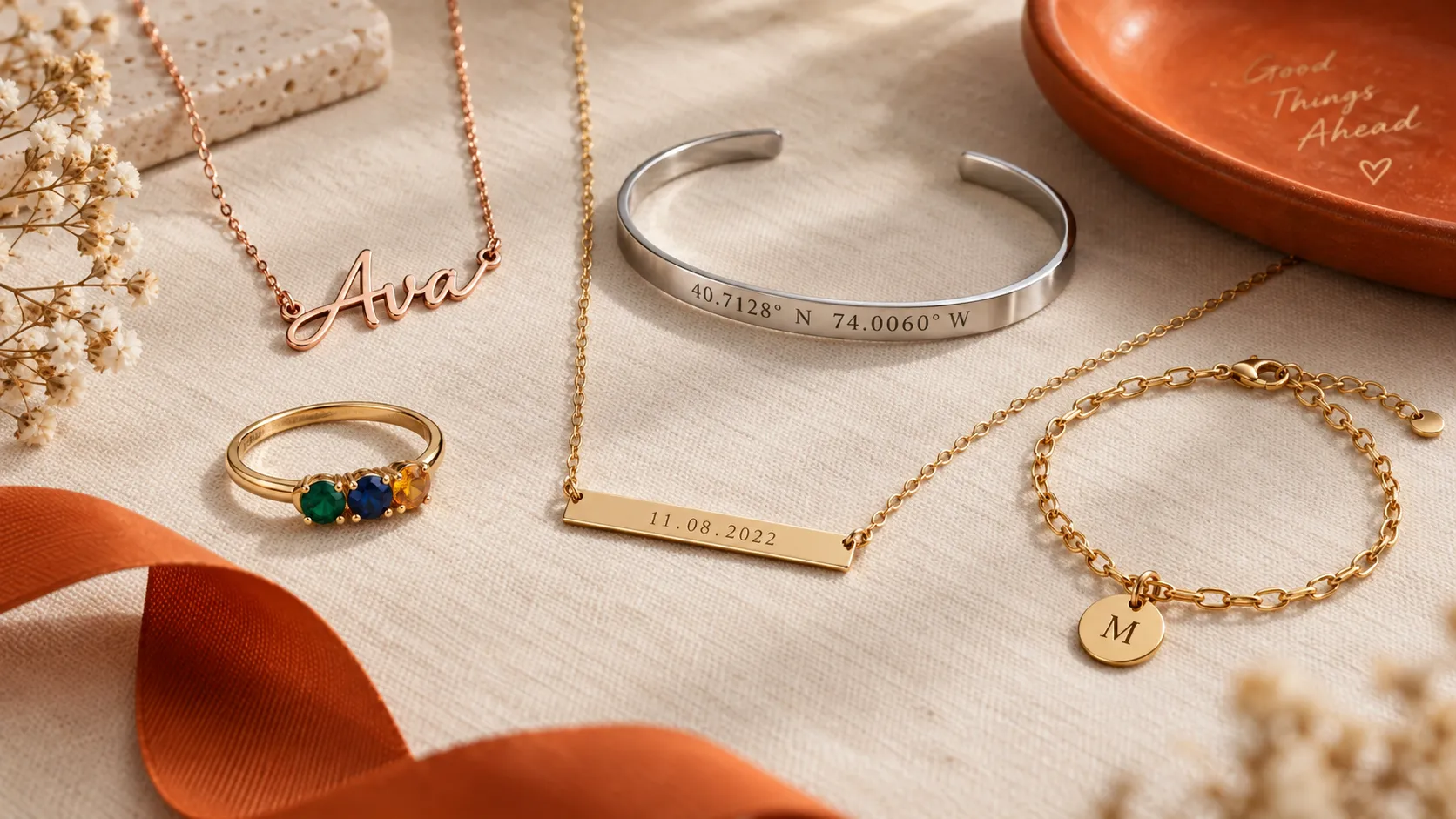 Collection of personalized engraved jewelry made with Customily