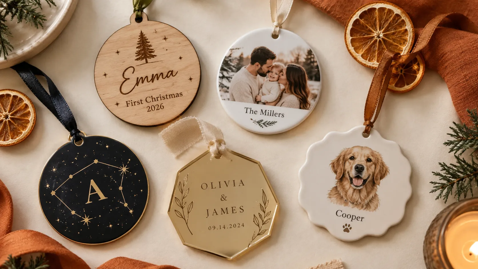 Collection of personalized christmas ornaments made with Customily