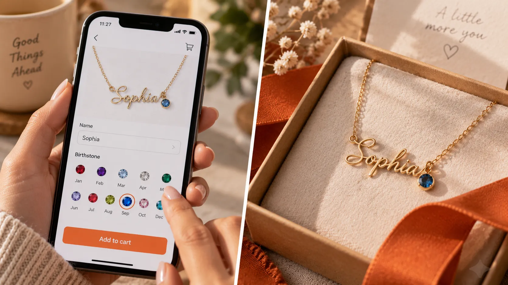 On the left, a person buying a personalized necklace. On the right, the final necklace on its box.