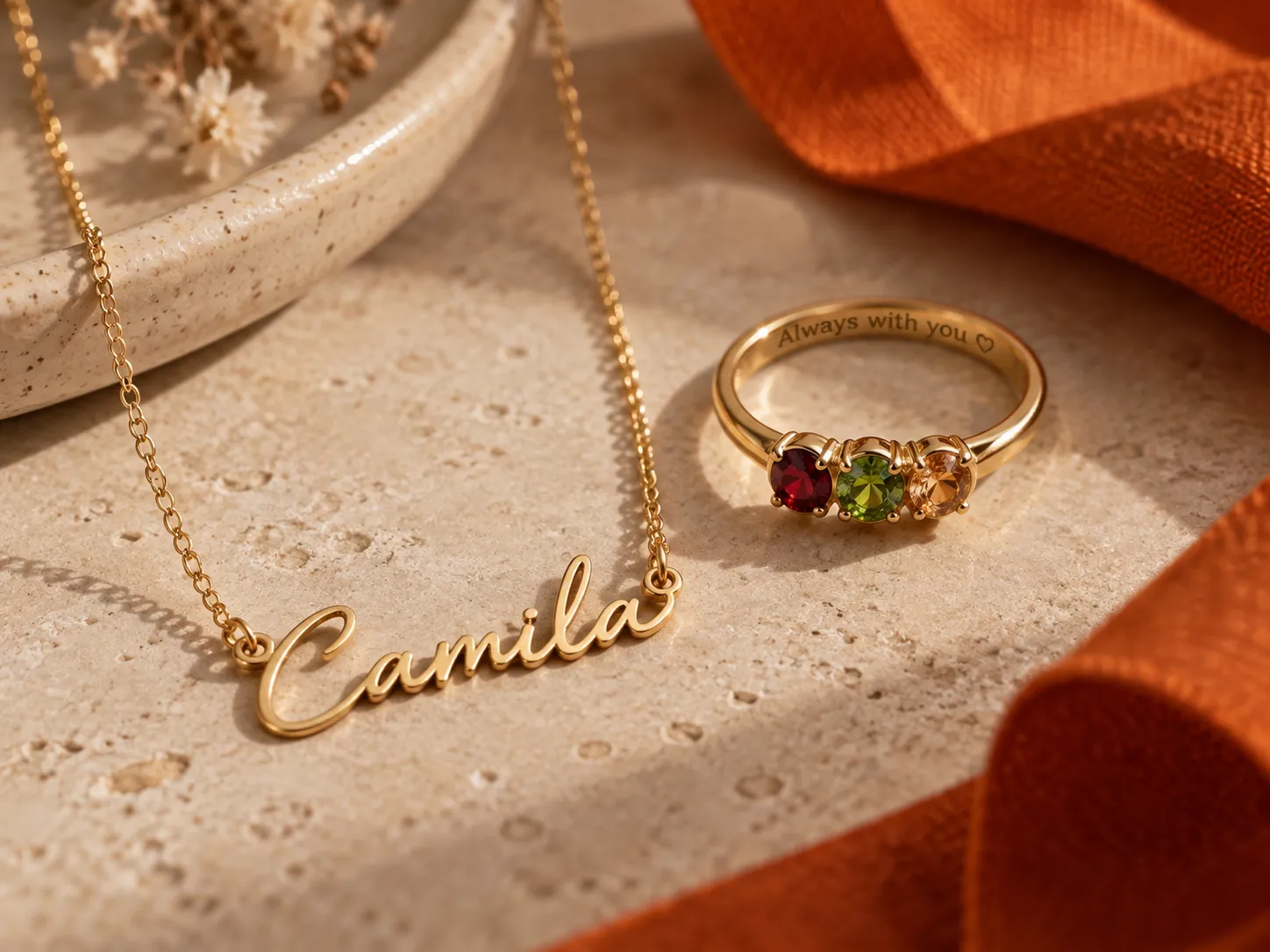 A personalized name necklace and a personalized ring with engraved text and stones