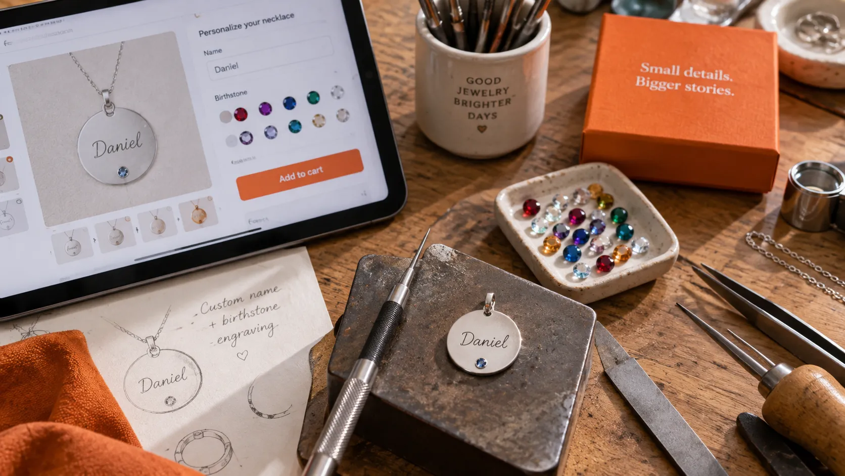 Work space where a necklace is being engraved with a name, in the back the same personalized necklace on a screen, and tools over the workspace.