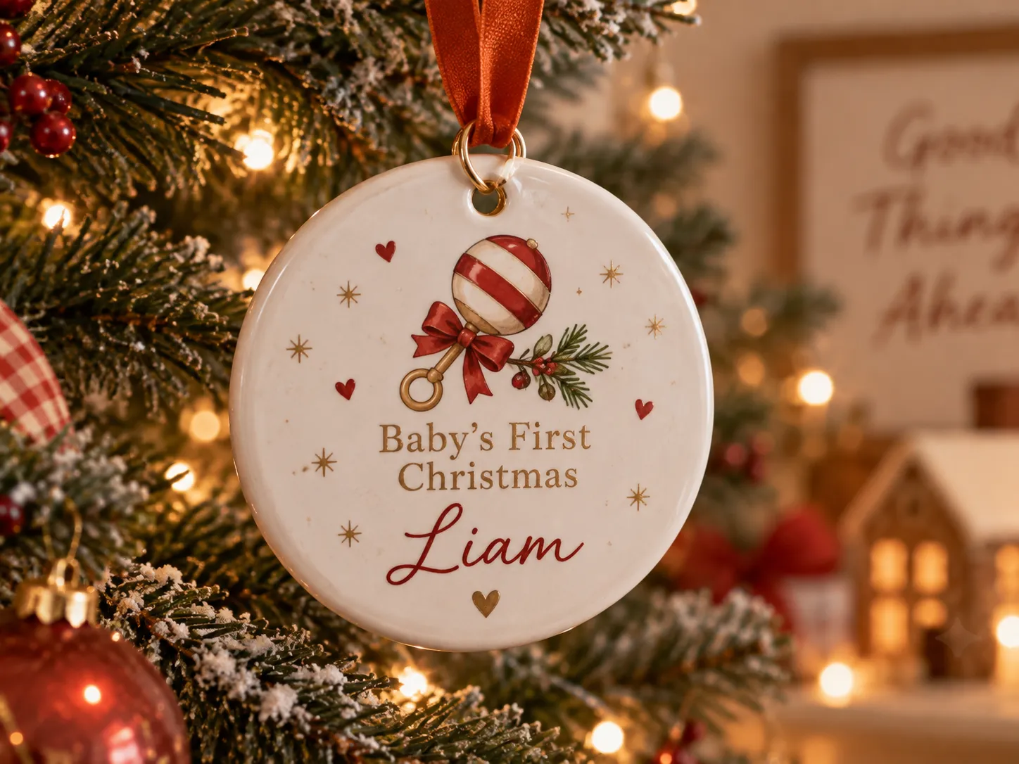 Personalized ceramic ornament, baby first christmas design
