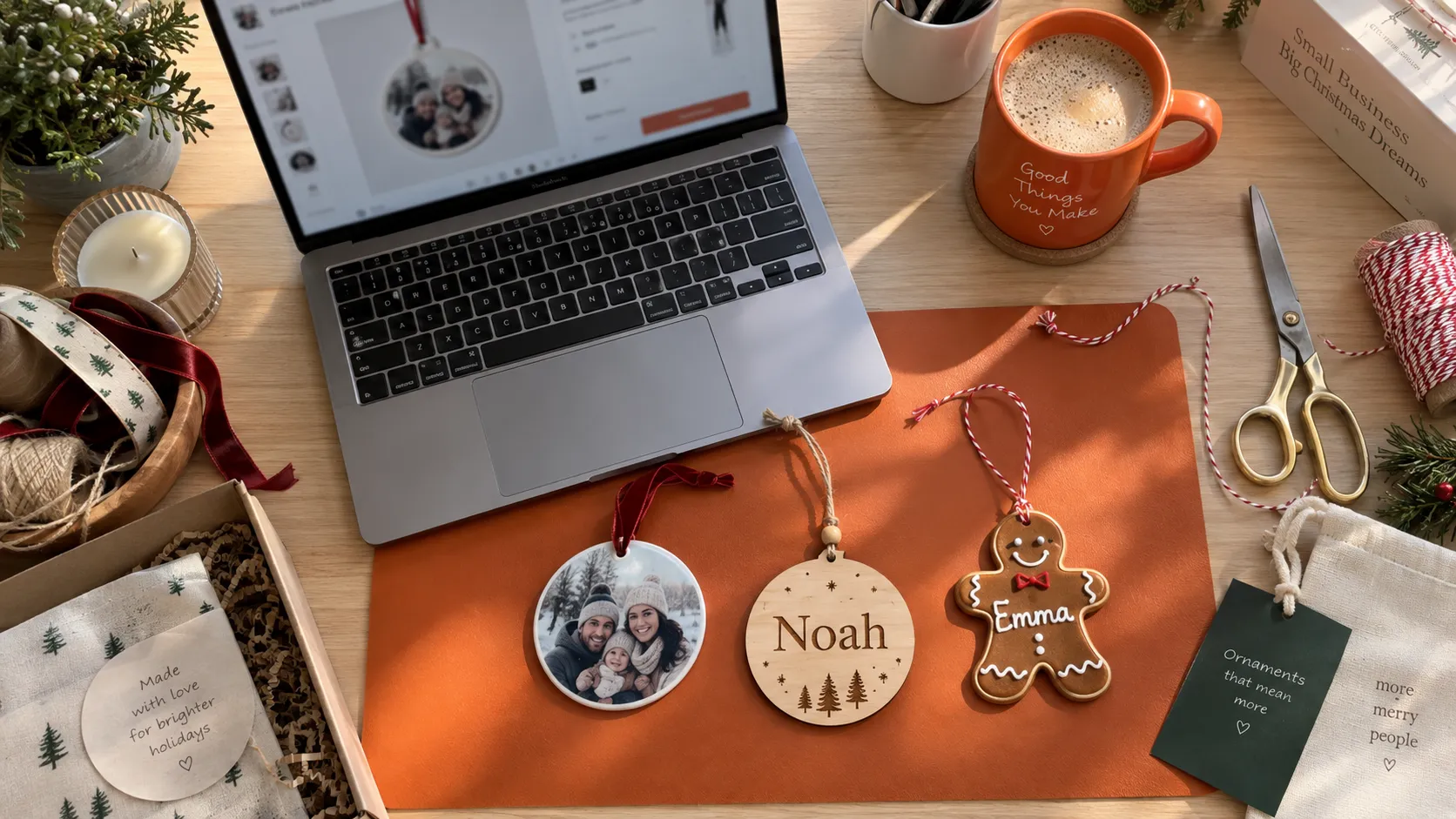 Desk with a notebook and a set of personalized ornaments over the desk mat.