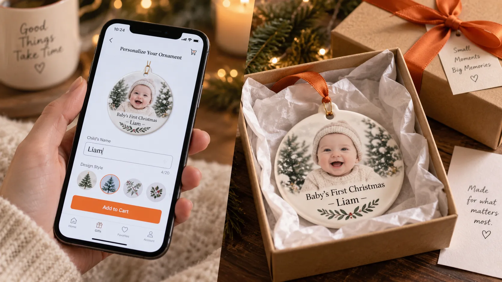 On the left, a person on mobile buying a personalized christmas ornament. On the right, the final ornament on its box.