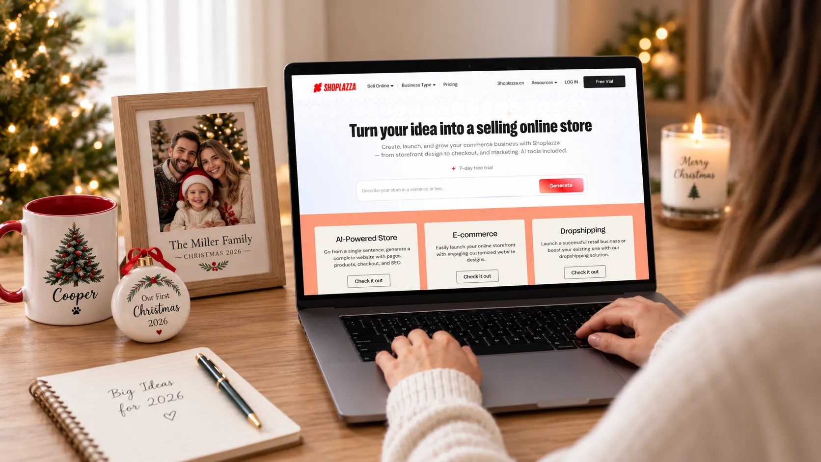 Person with a notebook on a desk, browsing Shoplazza website. Over the desk there are personalized products for Christmas.