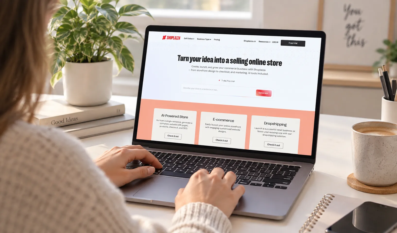 Girl with a notebook browsing Shoplazza website