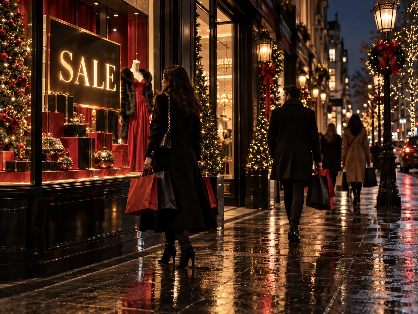Festive Black Friday storefront at night with glowing sale signage and shoppers carrying bags