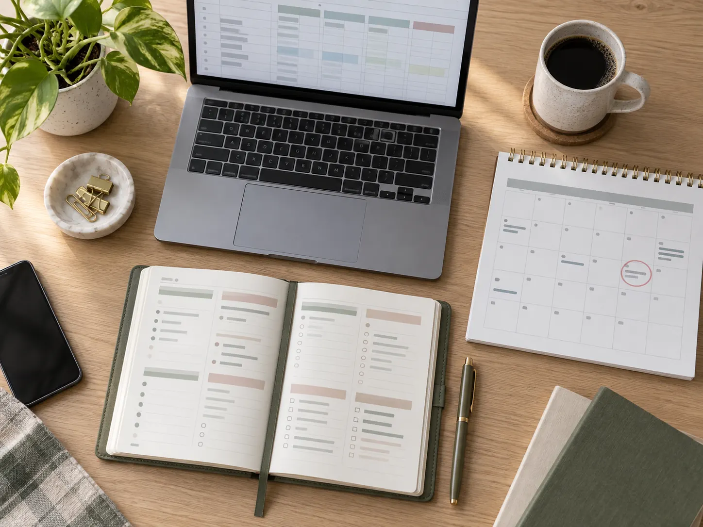 Desk flat lay with an open planner, calendar, laptop, and coffee for Black Friday campaign planning