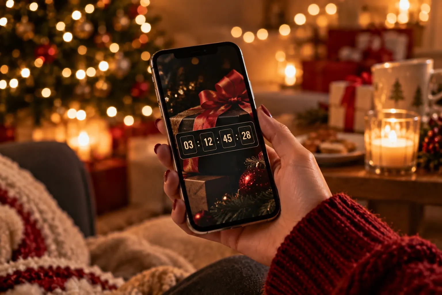 Hand holding a smartphone showing a countdown timer against a festive holiday background