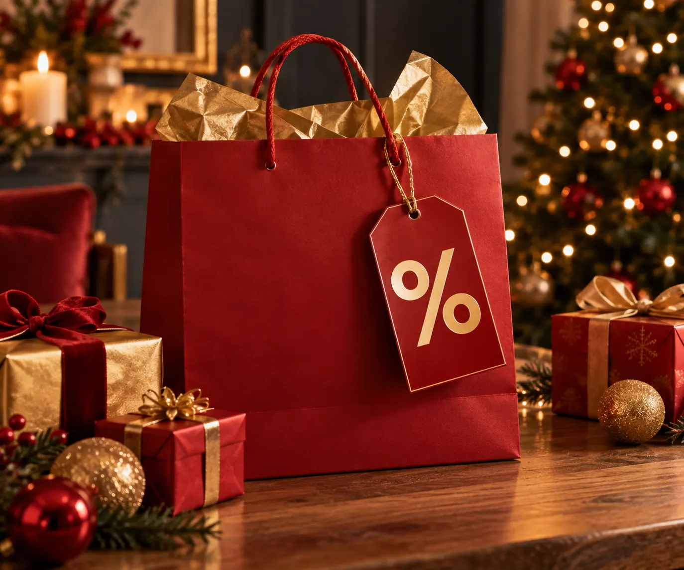 Shopping bag with a percentage-off discount tag next to wrapped holiday gifts