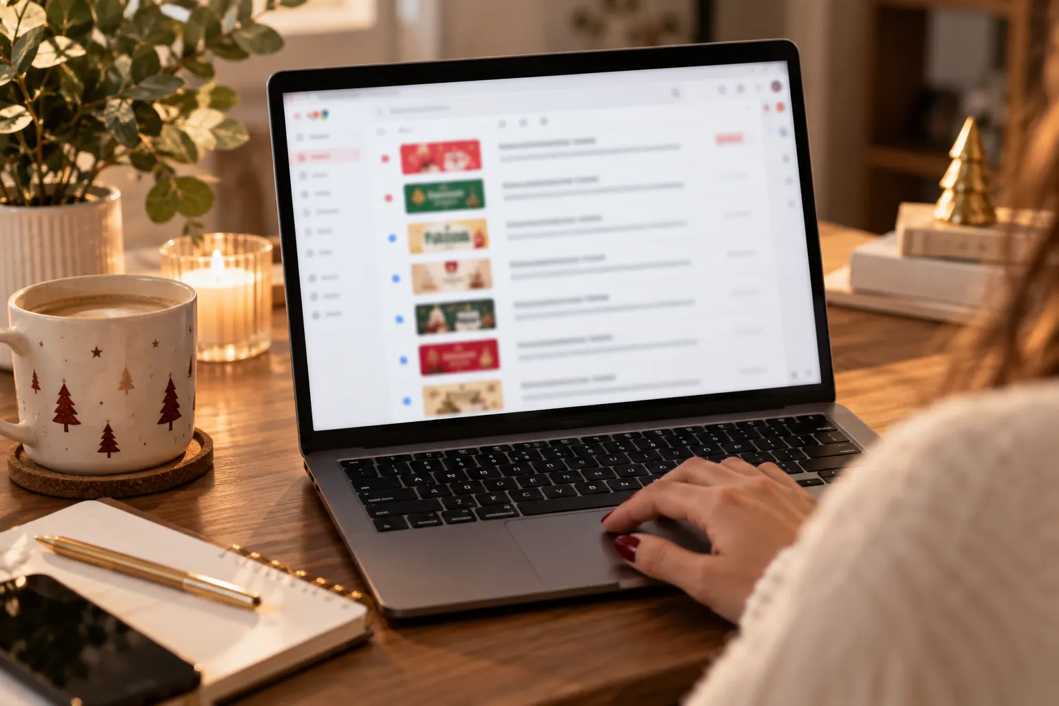 Laptop screen showing a promotional email inbox in a cozy home office setting