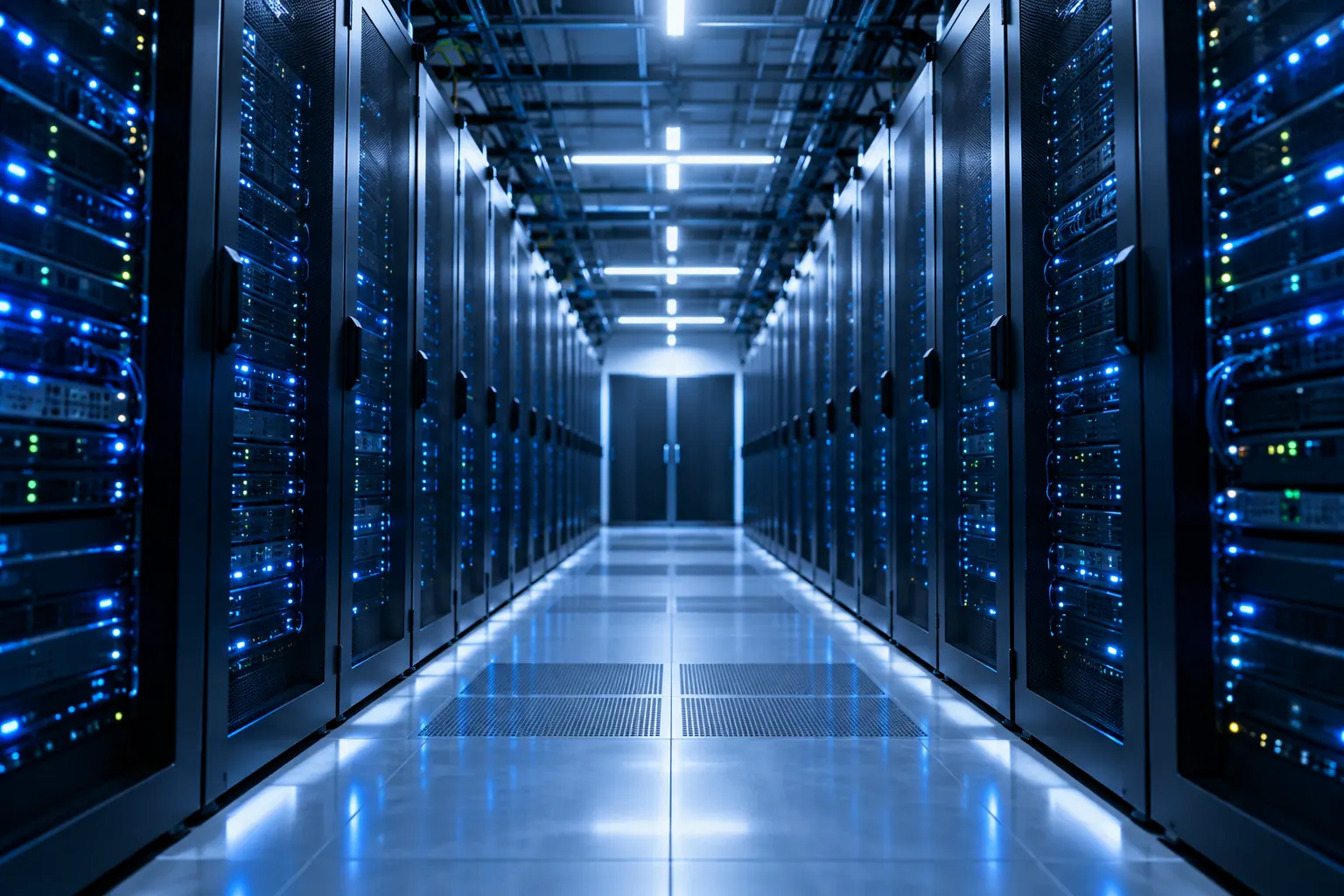 Server room corridor with rows of glowing server racks for handling Black Friday traffic
